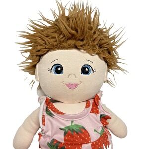Soft Baby Doll Handmade Plush Embroidered‎ Spiky Hair Blue Eyes Strawberry Dress